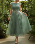 Sage Green Round Neck Beaded Leaf Tulle Midi Dress