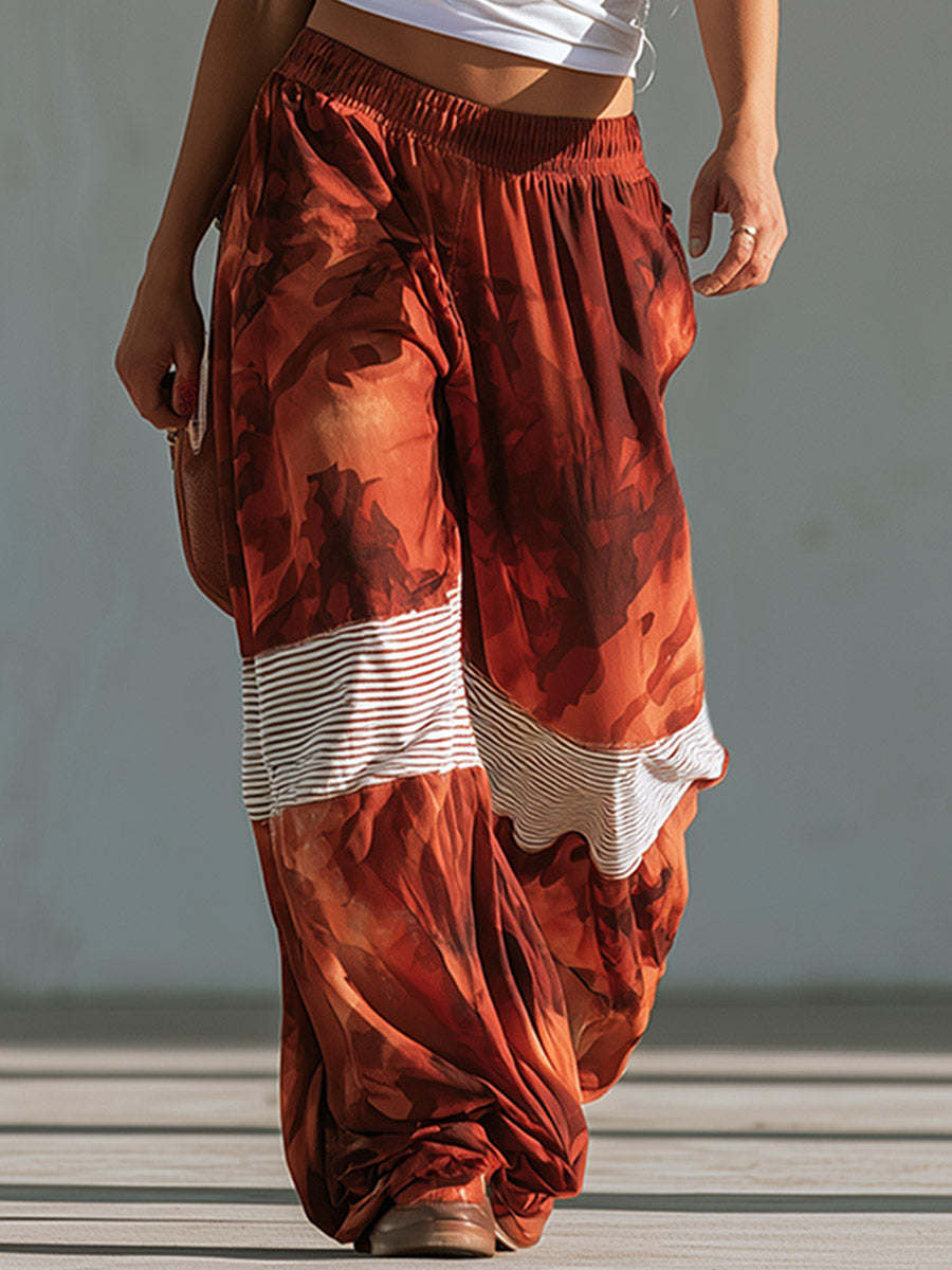 Chic Sporty Style White Off-the-shoulder T-shirt And Red Camouflage Wide-leg Pants Set