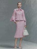 Elegant Neckline Bow Tie Trumpet Sleeve Jacket Skirt Tweed Set