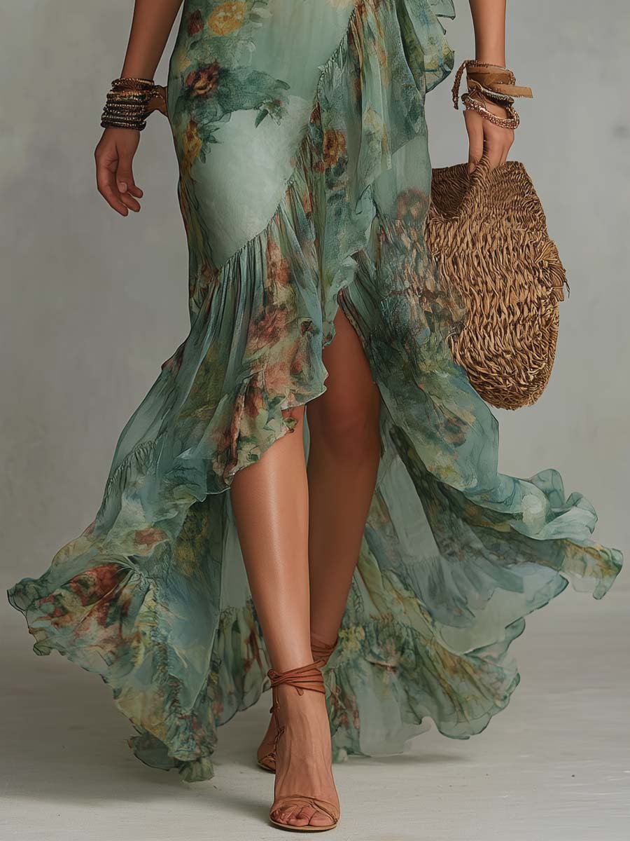 Grass Green Chiffon Irregular Ruffled Slit Maxi Dress