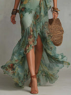 Grass Green Chiffon Irregular Ruffled Slit Maxi Dress