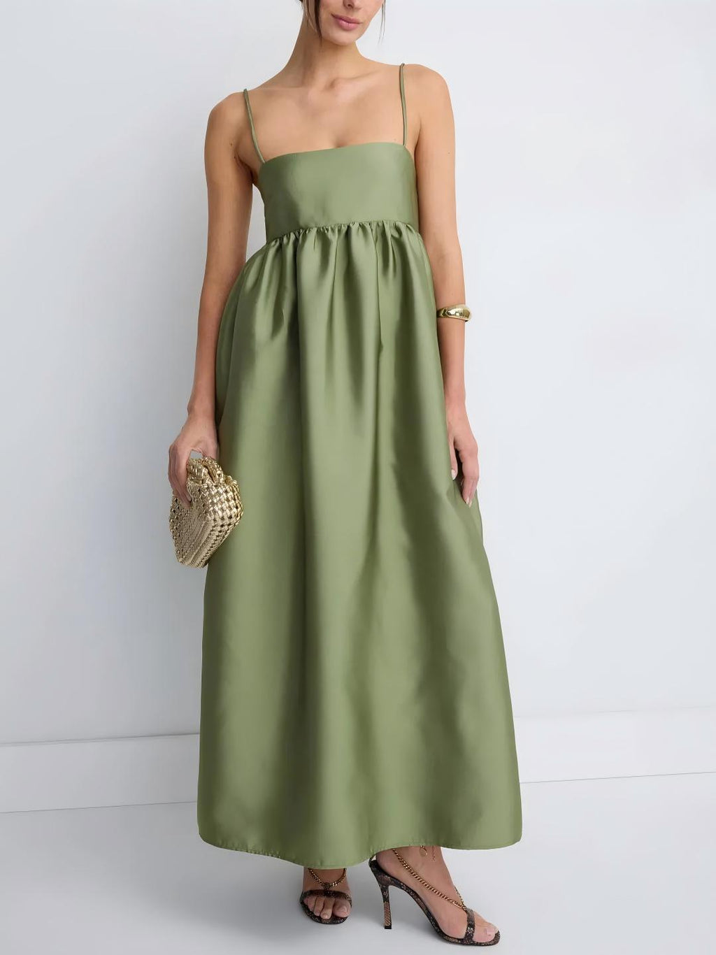 Minimalist Olive Green Babydoll Maxi Dress