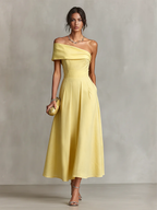 Women's Yellow Linen Dress With One-Shoulder Neckline & Fitted Waist, Timeless Elegant-Chic Style Dress MDZ2630B3I