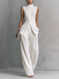 Women's Elegant White Cotton Linen Sleeveless Top and Wide-Leg Pants Set MDZ0221B1BA