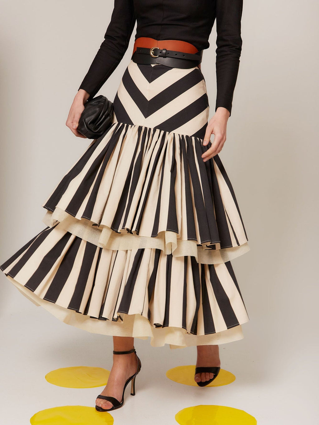 Chevron Striped Tiered Ruffle Midi Skirt