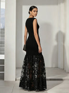 Boat Neck Black Lace Applique Knit Maxi Dress