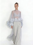 Sheer Organza Petal-Embellished Cape Top