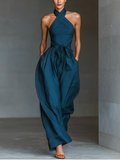 Women's Navy Blue Linen Fabric Cross Halter Wide-Leg Jumpsuit With Tie Waist & Side Pockets MDZ0455B5T