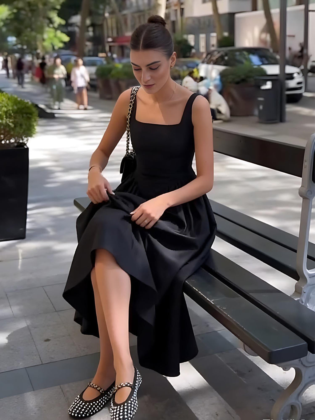 Black Square Neck Back Bow Midi Dress