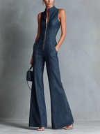 Women's Retro Style Dark Blue Denim Sleeveless High-Neck Flared Jumpsuit With Front Zipper MDZ1239B2BA