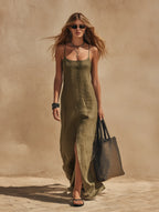 Women's Casual Olive Green Cotton-Linen Sleeveless Maxi Sundress MDZ1410D7LXY