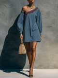 Women's Minimalist Striped One-Shoulder Long-Sleeve Embroidered Mini Dress MDZ1165F9WY