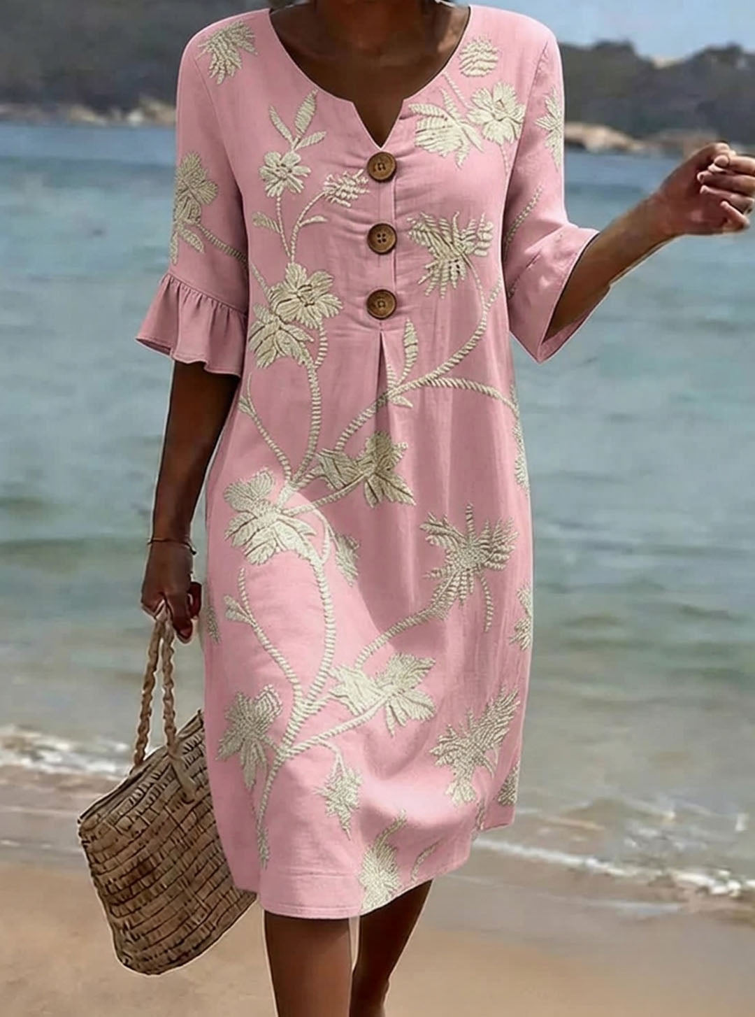 Women's Floral Print Casual Cotton-Linen Dress