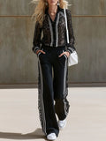 Sporty Retro Striped Black Lace Long-Sleeve Shirt And Pants Set