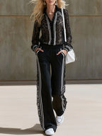 Sporty Retro Striped Black Lace Long-Sleeve Shirt And Pants Set
