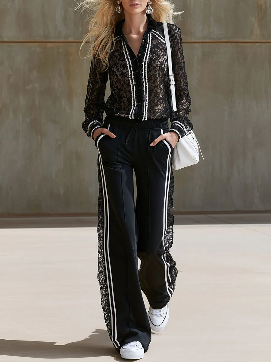 Sporty Retro Striped Black Lace Long-Sleeve Shirt And Pants Set