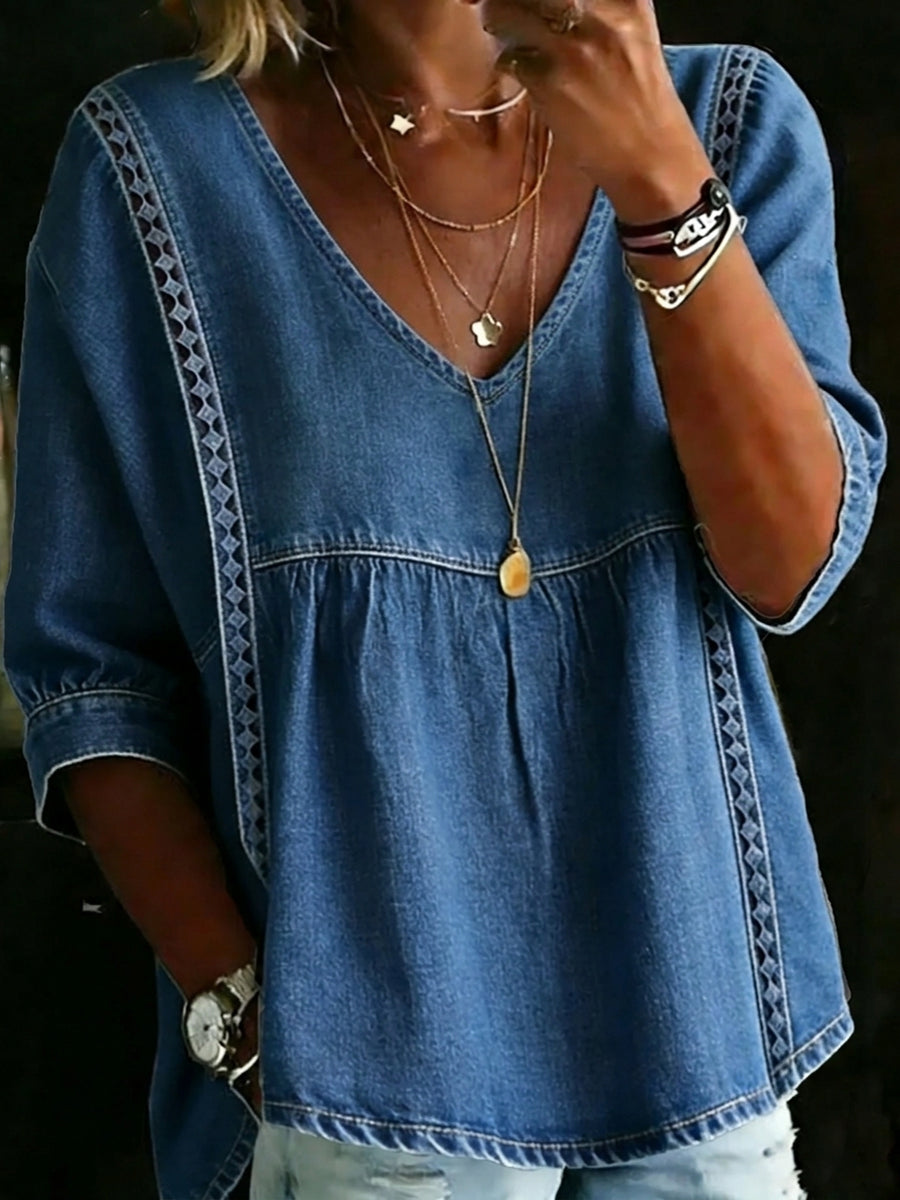 Casual Patchwork Lace Denim Top