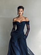 Women's Elegant Dark Blue Chiffon Organza Off-shoulder Long-sleeved Fitted Maxi Dress MDA1711L9AN