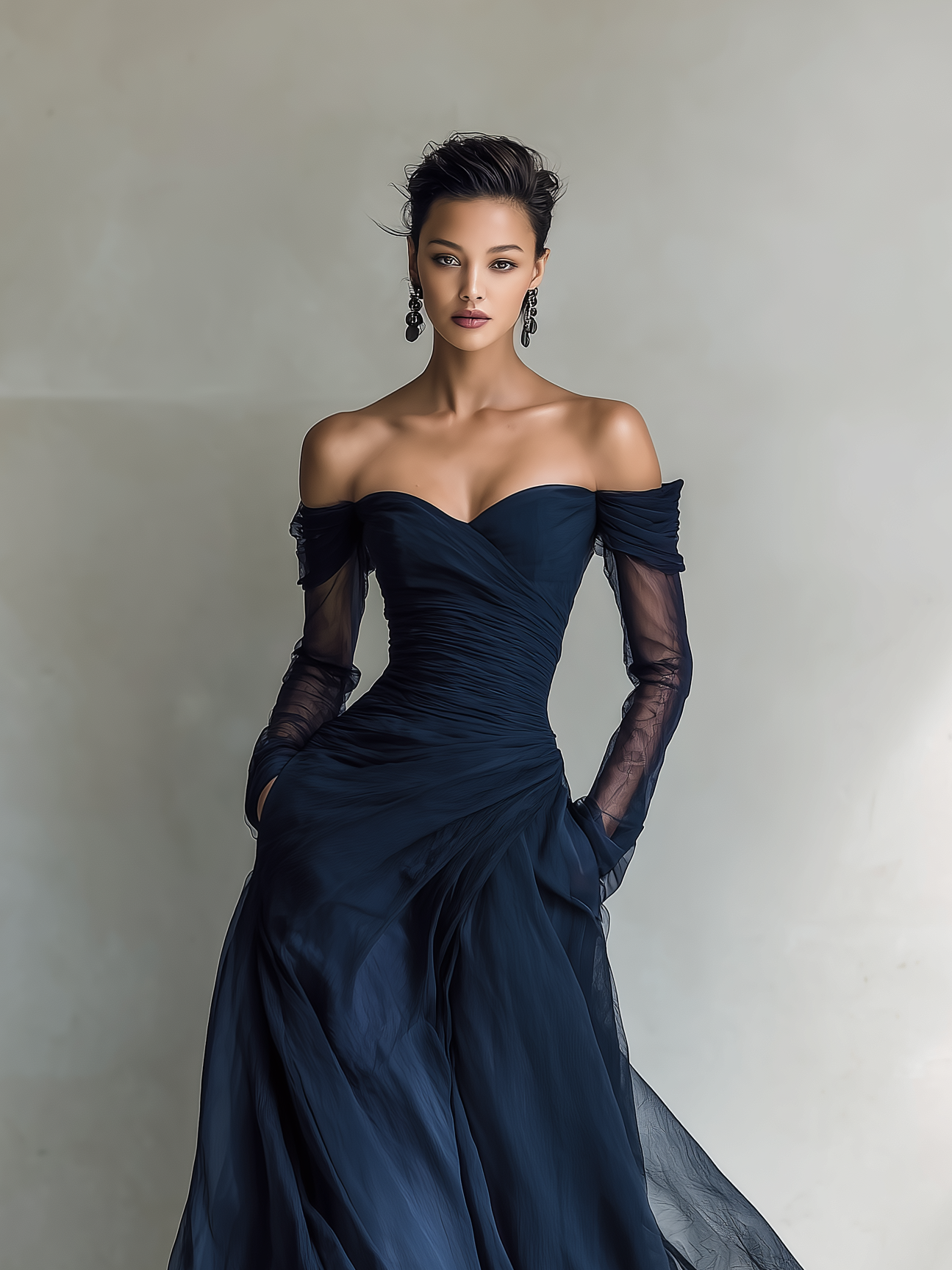 Women's Elegant Dark Blue Chiffon Organza Off-shoulder Long-sleeved Fitted Maxi Dress MDA1711L9AN
