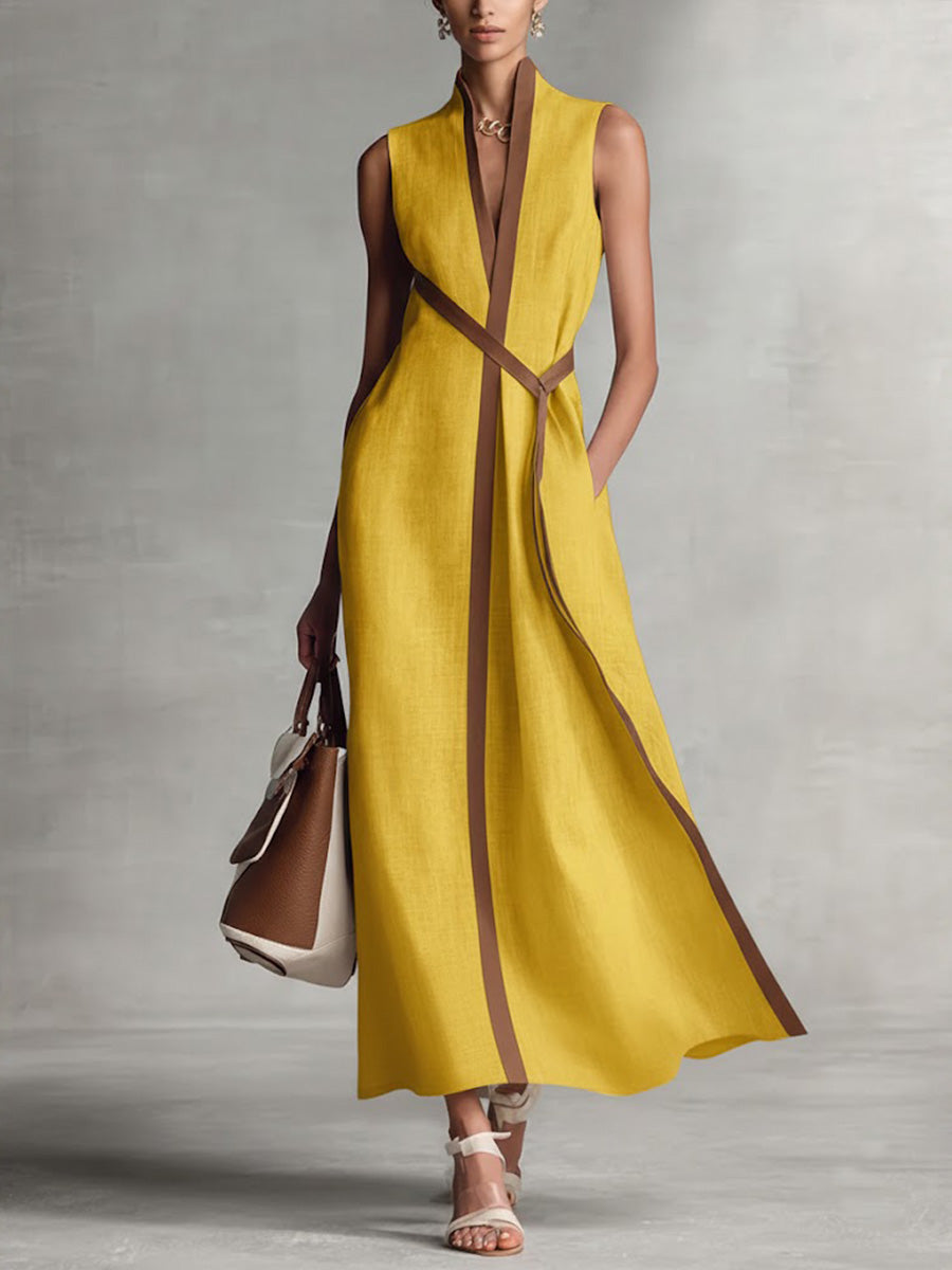 Women’s Stand-Up Collar Sleeveless Casual Loose Cotton and Linen Dress