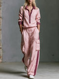 Retro Casual Color-blocked Pink Cotton-linen Shirt And Trousers Set