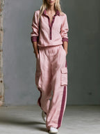 Retro Casual Color-blocked Pink Cotton-linen Shirt And Trousers Set