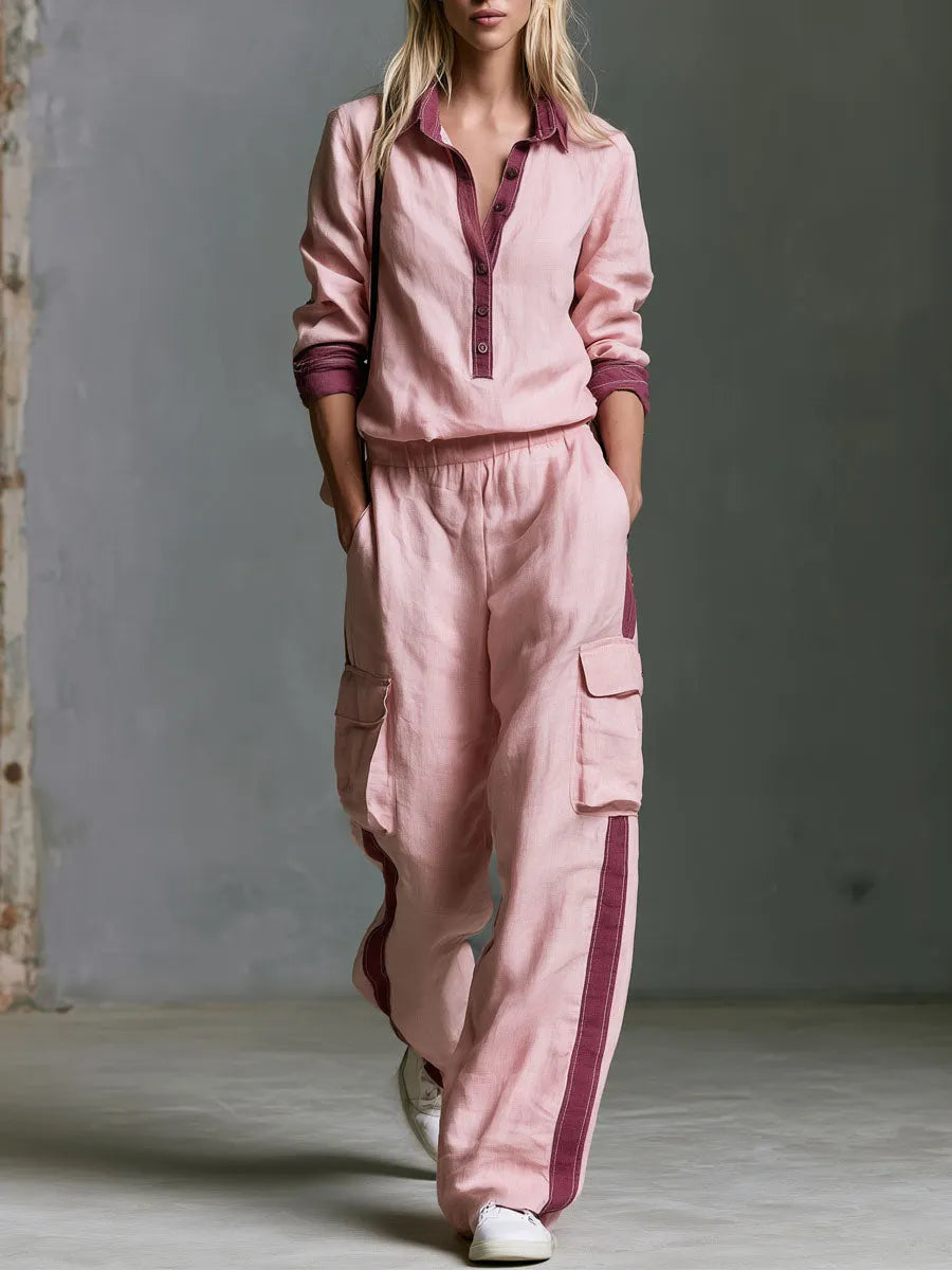 Retro Casual Color-blocked Pink Cotton-linen Shirt And Trousers Set