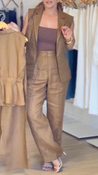 Khaki Sleeveless Blazer Vest Wide Leg Pants Set