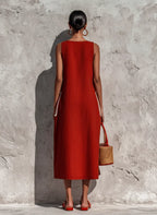 Women's Red Cotton-Linen Blend Sleeveless Midi Dress With Contrasting White Piping And Double Side Patch Pockets MDZ0318F7T
