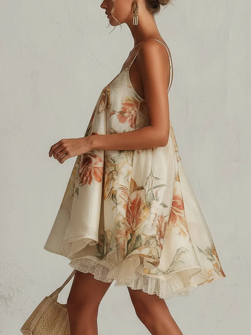 Beige floral organza A-line mini dress with lace trim