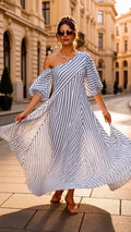 Blue White Stripe Asymmetrical Off Shoulder Midi Dress