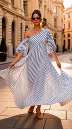 Blue White Stripe Asymmetrical Off Shoulder Midi Dress