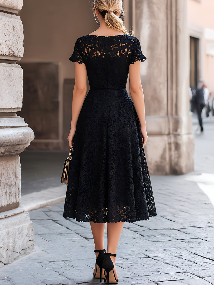 Elegant Floral Lace Boat Neck A-Line Midi Dress