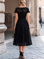 Elegant Floral Lace Boat Neck A-Line Midi Dress