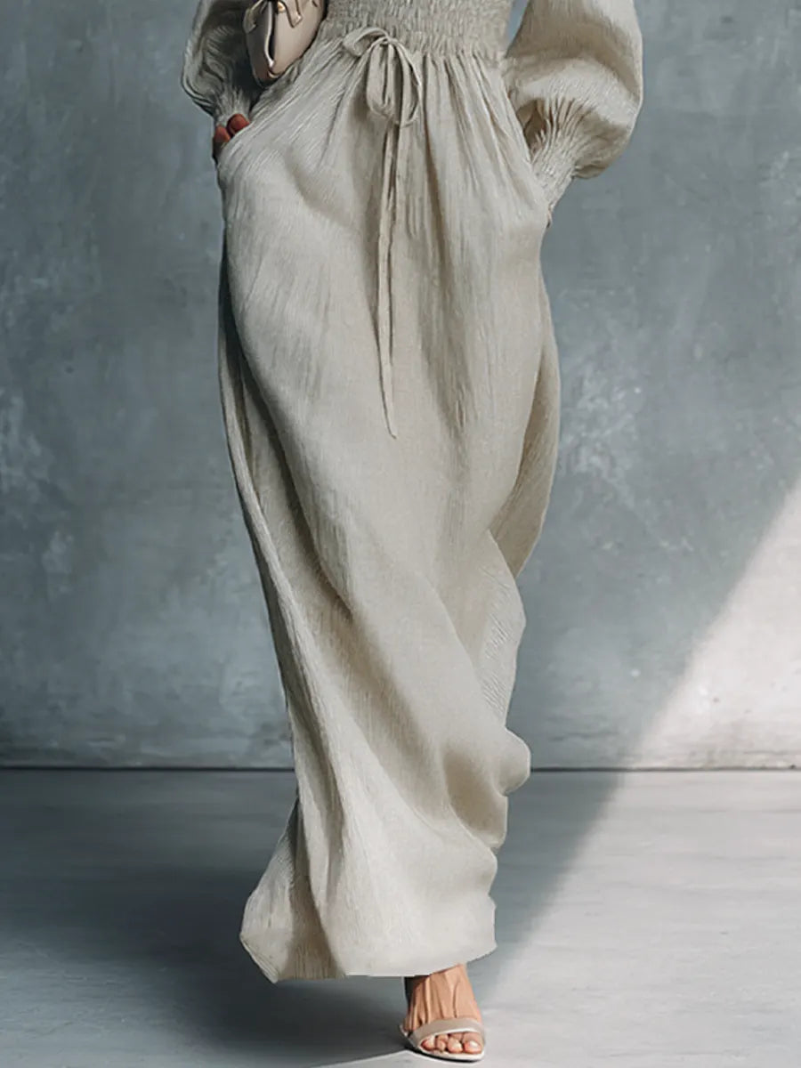 Women's Beige Cotton Linen Striped V-Neck Shirred Waist Maxi Dress MDZ0361C4BA