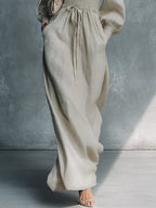 Women's Beige Cotton Linen Striped V-Neck Shirred Waist Maxi Dress MDZ0361C4BA