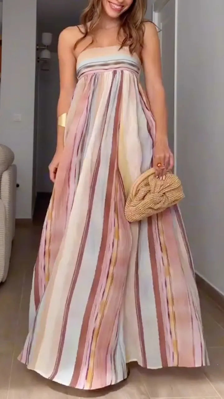 复制Black Draped Sleeveless Midi DressPastel Watercolor Stripe Strapless Maxi Dress