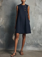Navy Blue Round Neck Diagonal Button Sleeveless Mini Dress