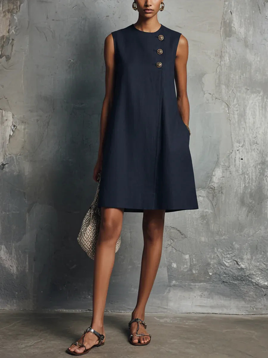 Navy Blue Round Neck Diagonal Button Sleeveless Mini Dress