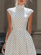 Vintage Polka Dot Mock Neck Cap-Sleeve Midi Dress