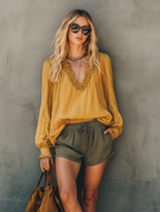 Women's Casual Yellow Cotton-Linen V-Neck Long-Sleeve Top And Olive Green Shorts Set MDZ1527E4LXY
