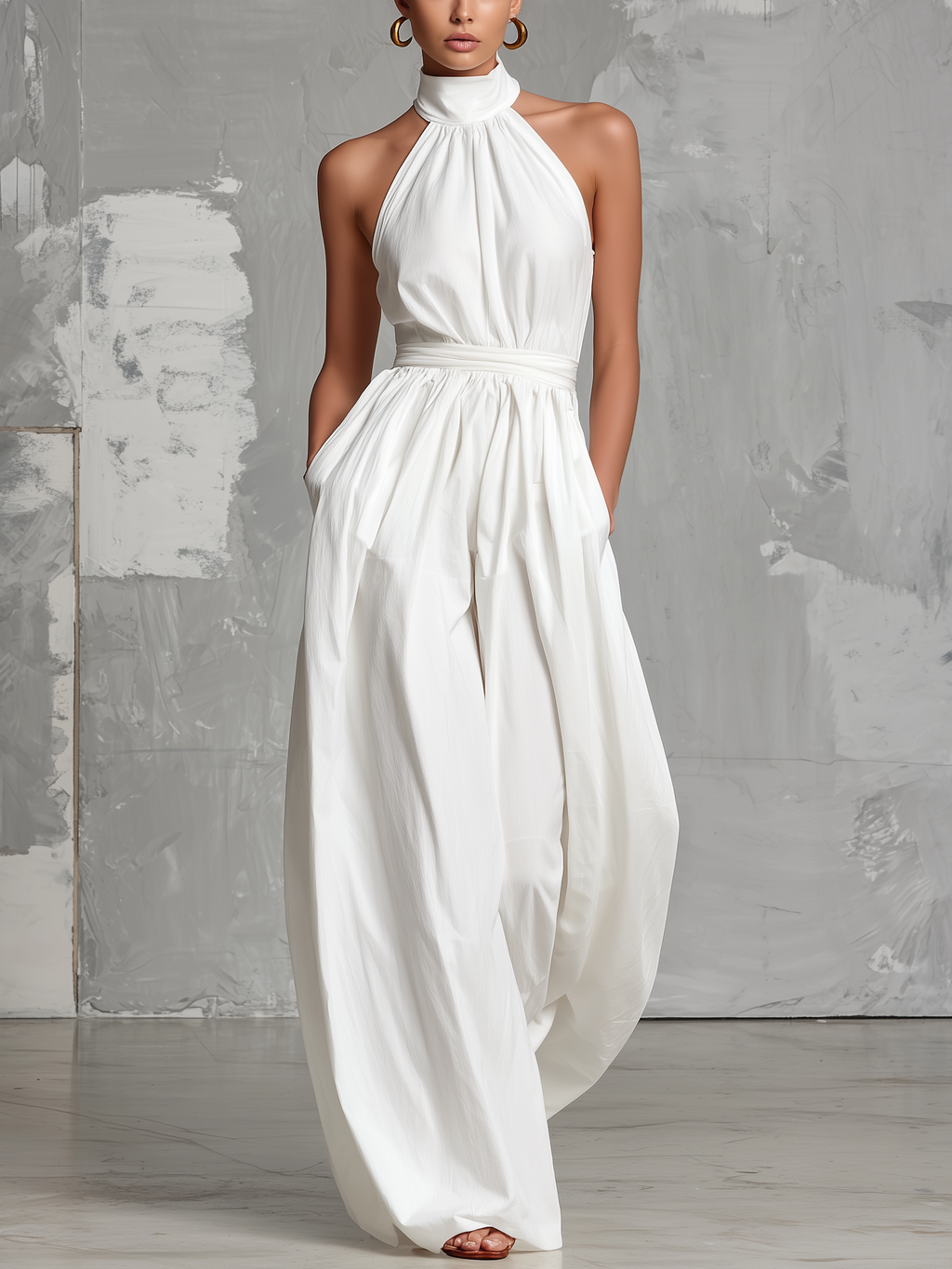 Women's Elegant White Woven Sleeveless Halter-neck Jumpsuit MDZ0554A3AN