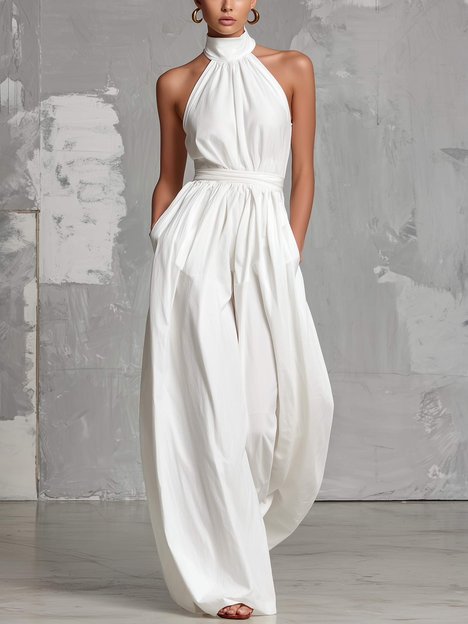 Women's Elegant White Woven Sleeveless Halter-neck Jumpsuit MDZ0554A3AN