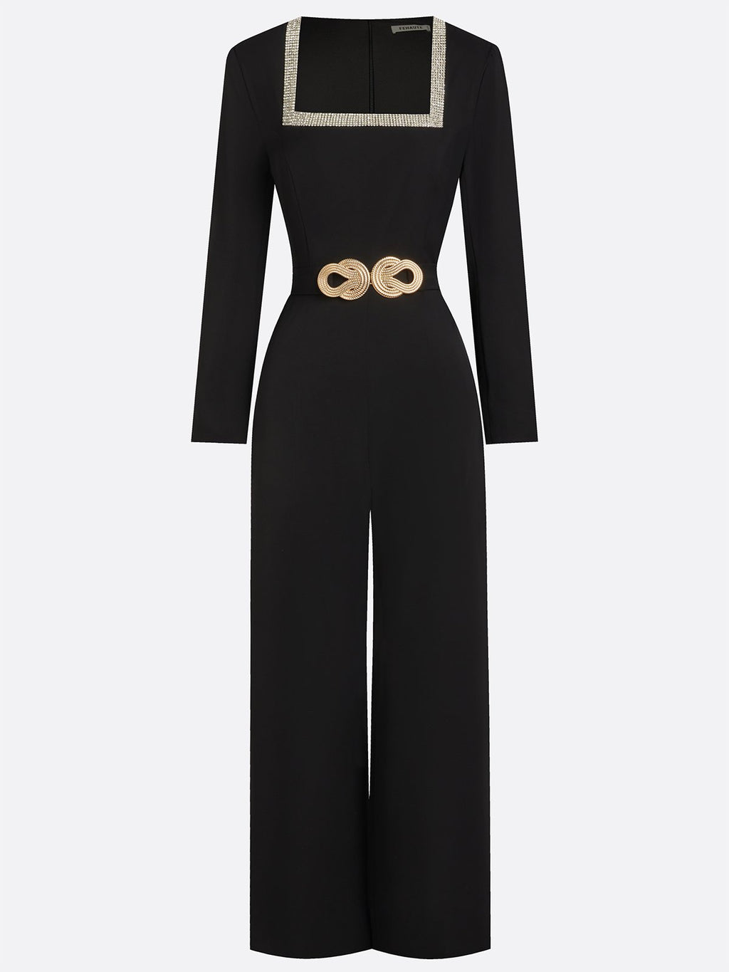 Women Black Rhinestone Square Neck Long Sleeve Dressy Jumpsuit