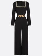 Women Black Rhinestone Square Neck Long Sleeve Dressy Jumpsuit