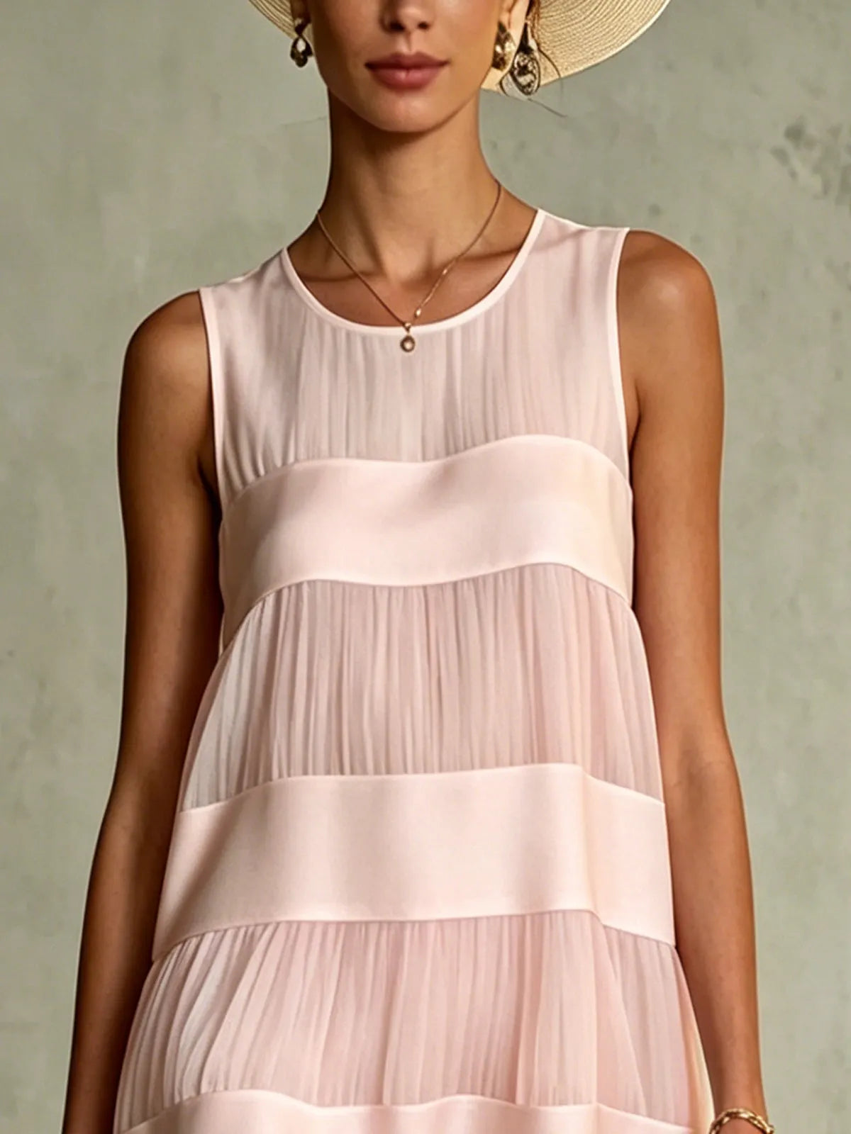 Light Pink Layered Pleated Chiffon Satin Patchwork Mini Dress