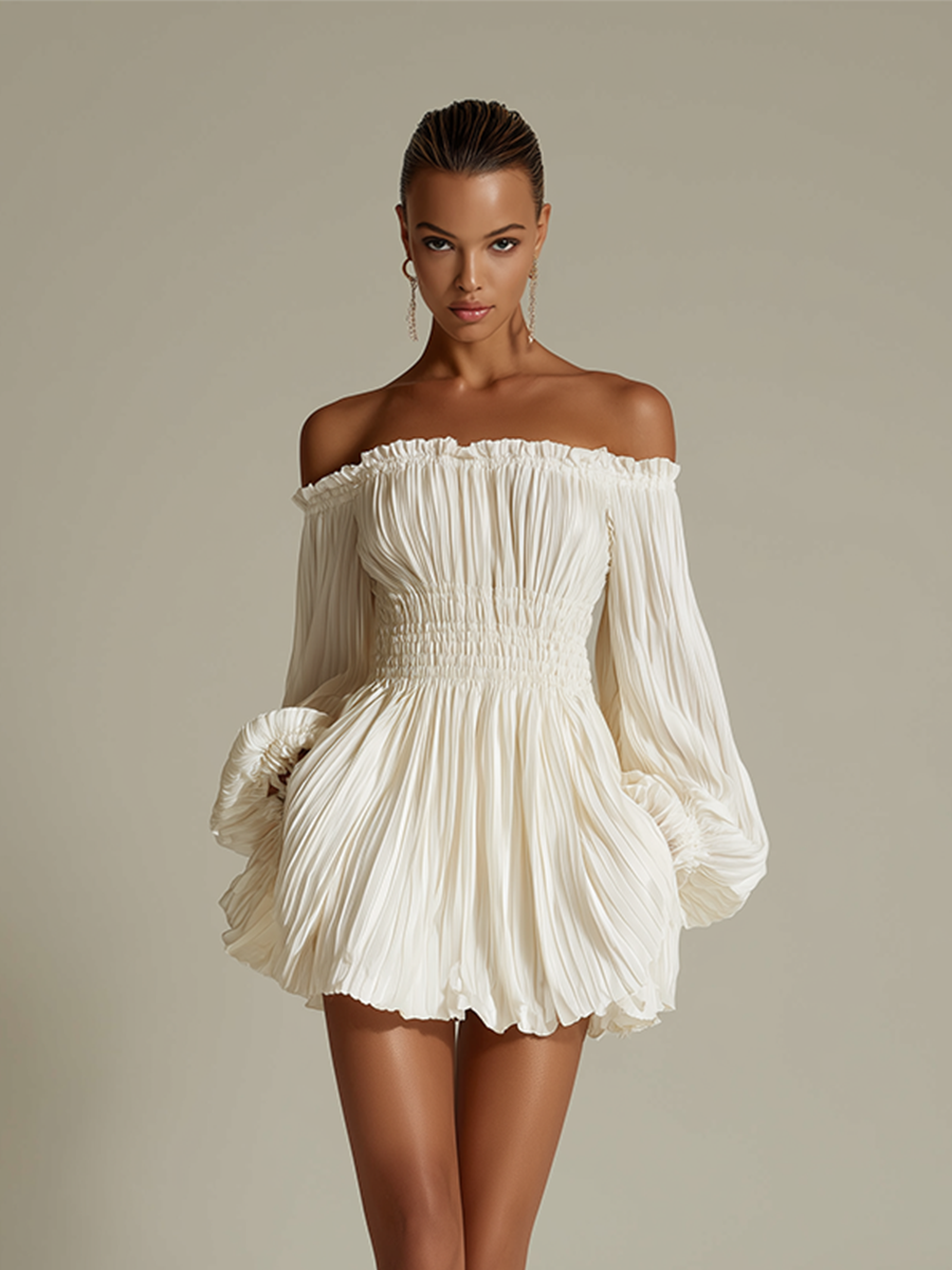 Women's Ivory Pleated Dress With Off-Shoulder Neckline & Ruched Waist, Timeless Sexy-Elegant Style Dress MDZ1305B8I
