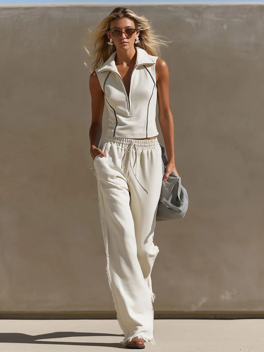 Sporty Retro Off-White Cotton Half-Zip Top And Frayed Pants Set