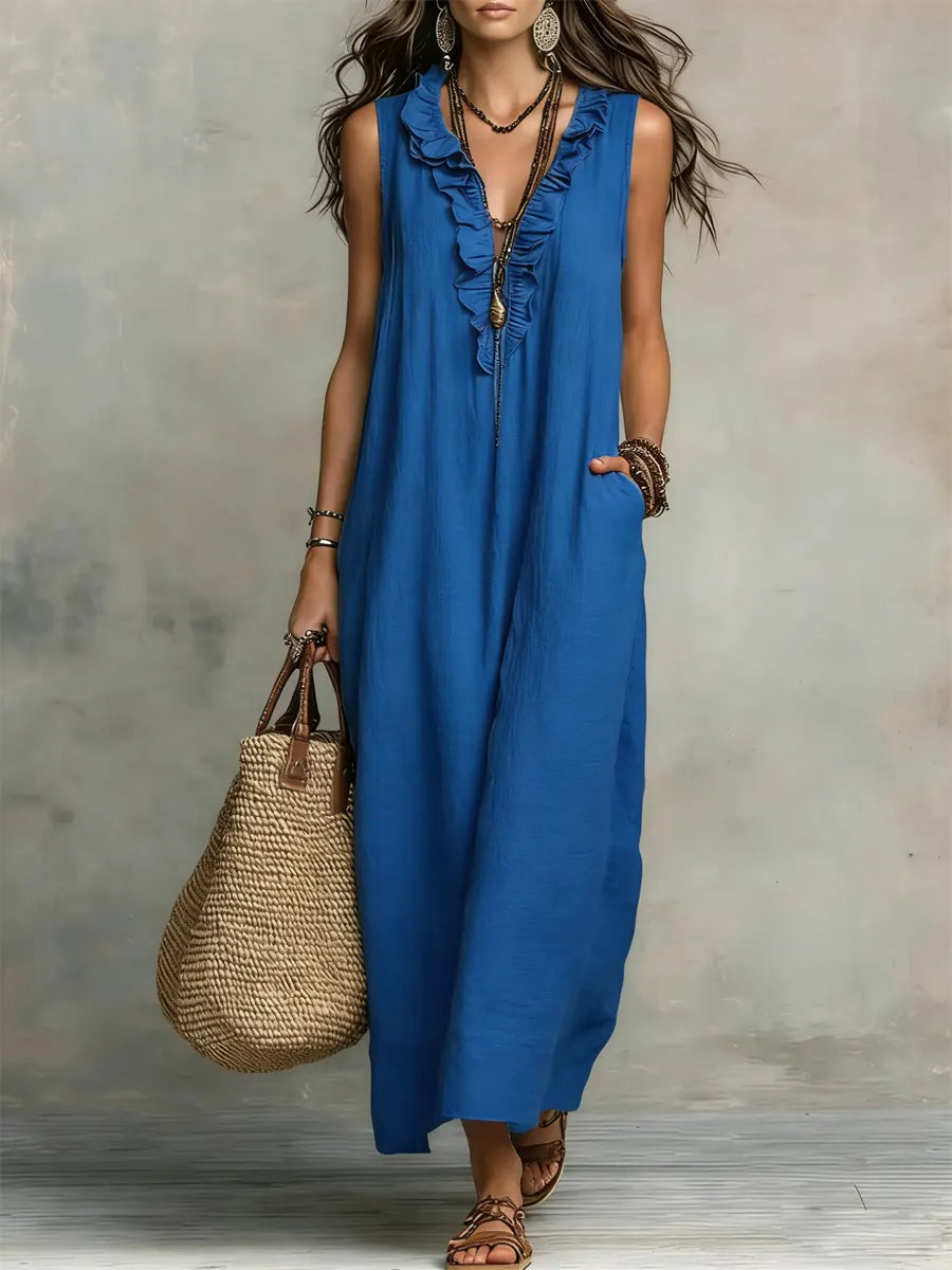 Women's Solid Color Ruffled Art Casual Fashion Cozy Cotton Linen Dress