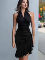 Halter Neck Ruched Asymmetrical Ruffle Midi Dress
